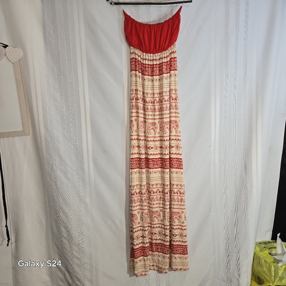 LOVE TREE MAXI STRAPLESS BRIGHT RED/CREAM ELEPHANT PRINT DRESS SIZE SMALL - Picture 5 of 13